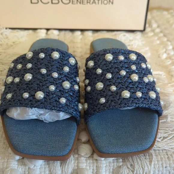 BCBGeneration Denim/Raffia Pearl Sandals 9.5 NWT - Picture 2 of 6